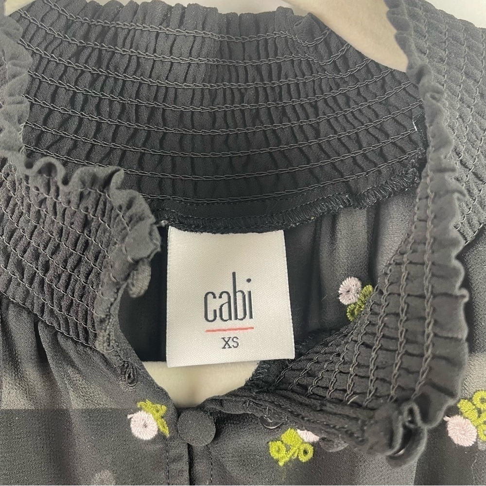 CAbi Alegria Black Embroidered Peasant Blouse Sheer Smocked Neck & Cuffs XS - Picture 13 of 16